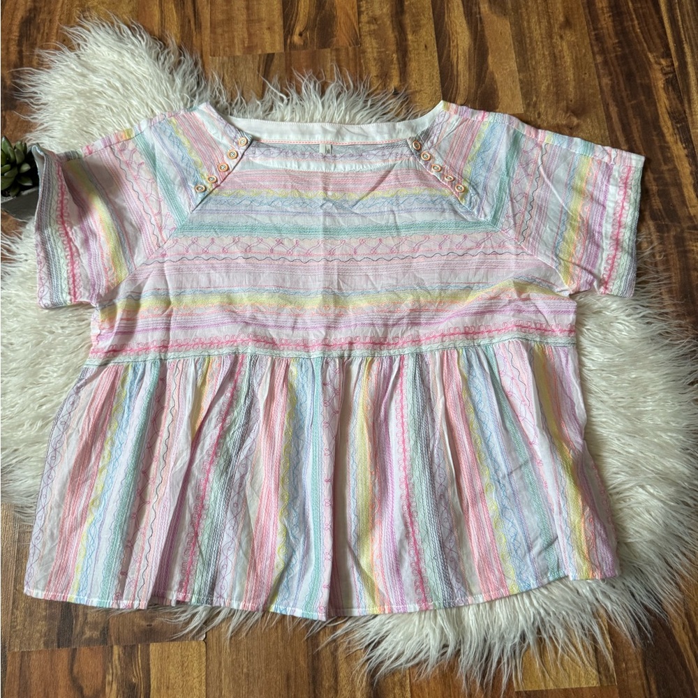 Anthropologie Pastel Striped Peplum Blouse - Pink, Blue, Yellow, Green